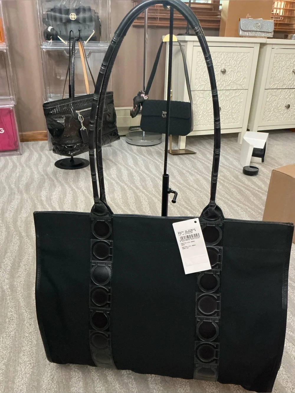 Salvatore Ferragamo Black Gancini Canvas Tote Bag Large Shoulder Shopper